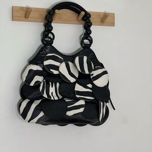 Vintage Black & White Zebra Patchwork Shoulder Bag w/ beaded straps well loved